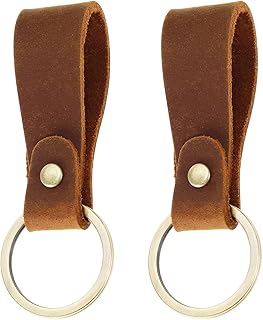 2pcs Automotive Retro Leather Metal Keychain,Genuine Leather Strap Key Ring,for Men Women Car Bag Backpack Decoration Small gifts, Brown, 5.5x2.5cm