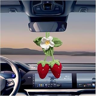 Osilly Car Rear View Mirror Hanging Charm, Adjustable Handmade Cute Red Strawberry Automotive Crochet Pendant Decor Charms Hanging Ornament Keychain for Women Girls, Universal Fit（Style C）
