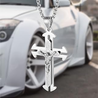 LeapoFaith Lord's Prayer Cross Pendant for Car Rearview Mirror Cross Necklace for Men Women Car Mirror Hanging Accessories Ornament Religious Christian Jesus Cross Charm Car Decor(Silver)