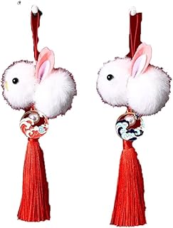 2pcs Rabbit Keychain Cartoon Faux Fur Bunny Keychain,Plush Rabbit Mobile Phone Charm,Plush Rabbit Keyring Key Holder Car Hanging Ornament, Red, Large