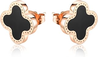 Four Leaf Clover Earrings for Women 18K Rose Gold Plated Stainless Steel Lucky 4 Leaf Ear Studs Jewelry Gift for Mother and Daughter (Black & Rose Gold), Stainless Steel, No Gemstone