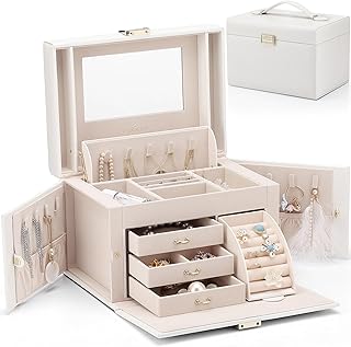 Vlando City Beauty Medium Jewellery Organizer Jewellery Box, Faux Leather Jewelry Organizer Storage for Necklace Earring Ring and Bracelet, Christmas Gift Birthday Gift for Women (White)
