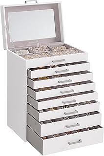 SONGMICS Jewelry Box, 8-Tier Jewelry Organizer, Large Jewelry Case with Big Mirror, 7 Drawers, Large Capacity, Jewelry Storage, Modern Style, Gift for Loved Ones, Cloud White UJBC008W02