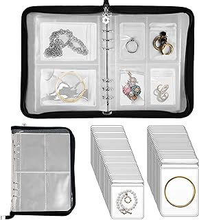 Travel Jewelry Organizer Transparent Jewelry Storage Book Set with Anti-oxidation Pocket Traveling Necklace Earring Organizer for Ring, Bracelets, Postcard (120 Grids +75 Thicken PVC Zipper Bags)