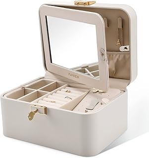 KAMIER Jewelry Box, 2 Layers PU Leather Jewelry Organizer Box, Large Capacity, Double Lock and Large Mirror, Hidden Necklace Hooks, Removable Dividers, Gift Box Packaging, Grey