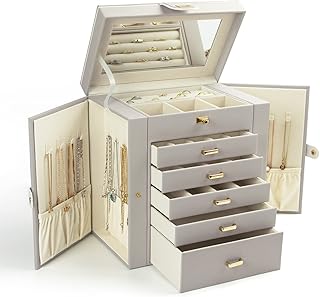 KAMIER Jewelry Box for Women, 6-Layer Large Jewelry Organizer Box with Mirror & 5 Drawers for Rings, Earrings, Necklaces, Bracelets,Gray