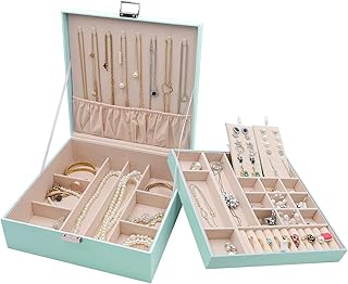 ProCase Jewelry Box for Women Girls Girlfriend Wife Ideal Present, Large Leather Jewelry Organizer Storage Case with Two Layers Display for Earrings Bracelets Rings Watches -Mint