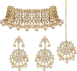 Elegant Indian Faux Kundan Studded Choker Necklace with Maang Tikka Earrings Set Ethnic Wedding Festive Wear Fashion Jewelry for Women, Girls