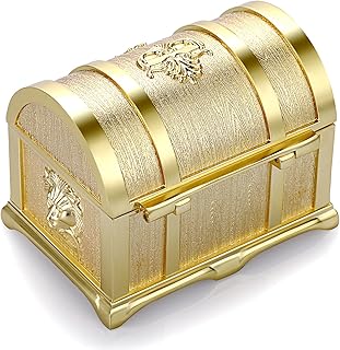 Hipiwe Vintage Metal Jewelry Box Large Treasure Trinket Chest Ring Earrings Necklace Keepsake Gift Holder Case for Girls Ladies Women (Gold,Medium)