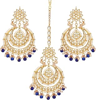 Bollywood Ethnic Chandbali Style Earrings Maang Tikka Set Traditional Fashion Jewelry for Women