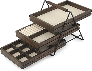 Umbra 1004037-048 Terrace Jewelry Tray - Three-Tier Jewelry Tray With Three Sliding Linen Lined Wood Trays With Metal Frame and Handle, Easy Storage and Access, Black/Walnut Finish