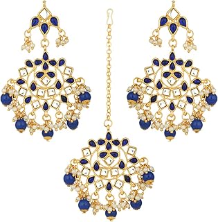 Aheli Ethnic Bollywood Faux Kundan Beaded Earrings Maang Tikka Set Indian Fashion Jewelry for Women Blue