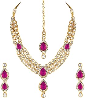 Indian Traditional Bollywood Kundan Maang Tikka Earrings Necklace Set Ethnic Jewelry for Women Girls (Green)