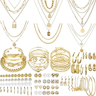 69 Pieces Gold Jewelry Set for Women Fashion Costume Jewelry Gold Plated Necklace Bracelet Gold Earrings Set for Women Girls