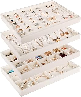 Mebbay Large Stackable Velvet Jewelry Trays Organizer, Jewelry Storage Display Trays for Drawer, Earring Necklace Bracelet Ring Organizer, Set of 4 (Warm White), 13.8" x 9.5" x 1.18"