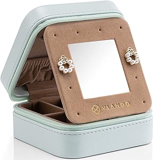 Vlando Small Jewelry Organizer Box, Travel Portable Jewelry Case for Women Girls, Ring, Earring, Necklace, Bracelet Organizer Storage Boxes with Mirror, Travel Accessory Gifts, Mint Green