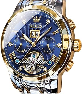 Men Automatic Watch Skeleton 5 Hands Mechanical Classic Luxury Multi Calendar Stainless Steel Waterproof Wrist Watch for Men