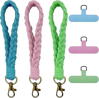 3 Colors Boho Macrame Phone Wrist Strap with 3 Pcs Phone Tether Tabs, Cell Phone Lanyard Bracelet Handmade Smartphone Wristlet Keychain, Universal Strap Keyring Holder Connector Patch for Women Men