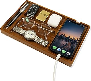 68LDROOTER Wooden Valet Tray, Nightstand Organizer EDC Tray for Men, Acacia Vanity Tray for Phone, Jewelry, Watch, Cologne Accessories, Gift for Men