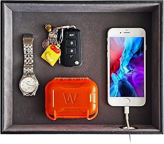 SUKKMORI Valet Tray Desk Organizer - PU Leather Nightstand Organizer for Men and Women, Dresser Tray, Catchall Tray for Key Jewelry Accessories, Vanity Tray Box, Bedside Table Charging Station