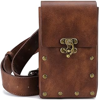 Steampunk Vintage Fashion Waist Bag Fanny Pack Leather Gothic Belt Pouch Cellphone Purse Holster Travel Wallet Case Festival Party Props for Women Men, Brown, Large, Ren Faire