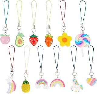 12 Pcs Fruit Theme Phone Charm, Colorful Cartoon Theme Phone Charms with Rainbow & Heart Pendant Polyester Phone Charms for Phone Bag Keychain Accessories Decor, Resin, No Gemstone
