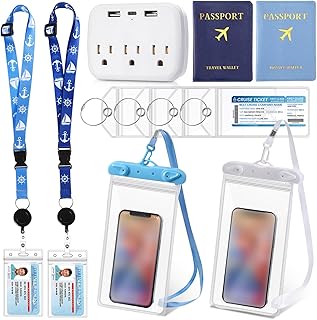 11 Pcs Cruise Accessories Kit for 2 People Includes Clear Carnival Cruise Luggage Tags with Metal Loop Cruise Lanyards Passport Holder Waterproof Phone Bags and Power Strip