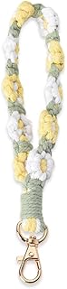 Bohemian Flower Wristlet Keychain for Women Cute Daisy Lanyard Key Chain for Her Key Straps for Car Keys Handmade Macrame Floral Wristlet Strap Handmade Keyring Bracelet Green Cell Phone Accessories,