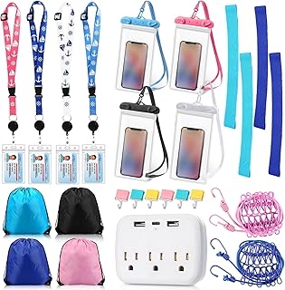 33 Pcs Cruise Accessories Kit for 4 People Cruise Essentials Includes 8 Luggage Tags 4 Lanyards for Cards 4 Drawstring Backpack Bags 4 Phone Bags 4 Towel Tie 2 Clothesline 6 Hooks 1 Power