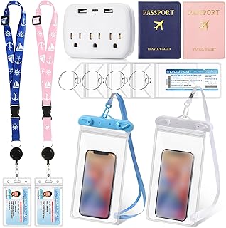 Qilery 11 Pcs Cruise Accessories Kit 2 Cruise Lanyards for Ship Cards 4 Waterproof Luggage Tag Holder with Metal Loop 2 Passport Holder 2 Waterproof Phone Bags 1 Cruise Power Strip (Cute Color)