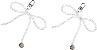 2Pcs 3D Pearl Bow Keychain, Cute Pearl Phone Charm Cellphone Lanyard Strap Lovely Bowknot Pendant Keyrings Bag Car Keys Charms Accessories for Women Girls, White, 7cm