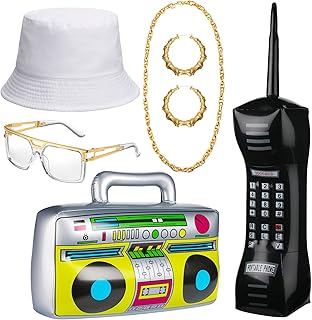 6 Pcs 80s 90s Accessories Outfit Hip Hop Rapper Costume Kit White Bucket Hat Champagne Gold Necklace Sunglasses Hoop Earrings Inflatable Radio Phone, Champagne Gold, as shown in pictures