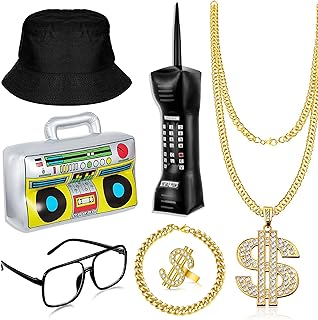 80s 90s Hip Hop Costume Outfit Kit Mobile Phone Inflatable Radio Box Necklace Bracelet Ring Glasses Hat Rapper Costumes Accessories Set