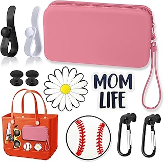 Accessories Set for Bogg Bag including 1 piece Silicon Insert Wallet for Beach Bag Phone Holder, 3Pcs Charms for Bogg Bag and 4Pcs Hooks and Key Chain Set Pink