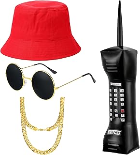 meekoo 80s/90s Boy Hip Hop Costume Kit 90s Rapper Outfit Costume, Mobile Phone Bucket Hat Sunglasses Faux Chain