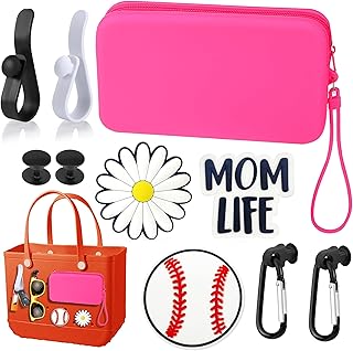 Accessories for Bogg Bag Including 1 Piece Silicon Insert Wallet for Beach Bag Phone Holder, 3Pcs Charms for Bogg Bag Accessories and 4Pcs Hooks and Key Chain Set Rose Red