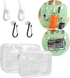 Trendy Beach Bag Accessories Set for Bogg Bag, Phone Storage Bag, 6Pcs Hooks, 2Packs Clear Bags, (White)
