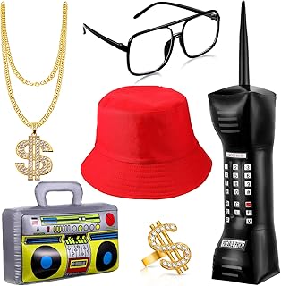 Sumind 6 Pcs 80s 90s Hip Hop Costume Outfit Kit Inflatable Radio Boombox Necklace Ring Sunglasses Hat Rapper Accessories