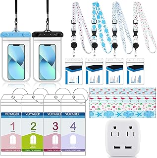 Sherr 15 Pcs Cruise Accessories Kit, Cruise Power Strip 4 Towel Bands 4 Cruise Lanyards with ID Holder 4 Luggage Tag Holder and 2 Waterproof Cell Phone Pouch for Ship Beach Pool Vocation (Beach Style)