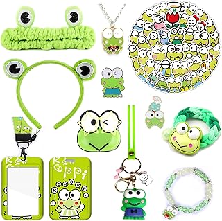 Kawaii Keroppi Gift Set Cute Keroppi Accessories Including Badge Holder with Lanyard Hairpin Headbands Button Pins Necklaces Bracelets Phone Ring Holder Keychain Stickers, Nylon Metal Plastic