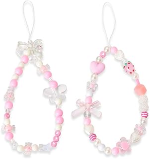 Y2k Phone Charm for Case Pink Beaded Keychain for Women Car Keys Butterfly Accessories for Purse Bag Charms for Backpacks Aesthetic Keychains for Her Cute Bow Cell Phone Decorations for Case 2Pcs,