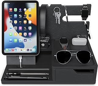 EcoLeafy Dot Nightstand Organizer- Black Valet Tray for Men Makes for Fathers Day- Unique Gifts for Men to Organize His Cellphone, Watch, Sunglasses & Accessories