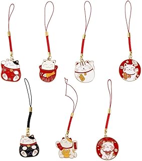 7 Pcs Lucky Cat Keychain Pendants Japanese Style Phone Charms Bag Accessories Fortune Lucky Cat Pendants Avoid Evil Hanging Ornaments, Multicolor, 3.93 inch