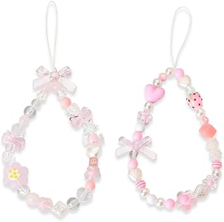 Y2k Flower Keychain for Phone Case Charms Strawberry Decorations for Backpack Purse Accessories for Handbags Cellphone Keychains for Womens Aesthetic Pink Beaded Keychains for Her 2PCs, Pink,