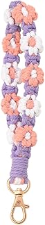 Purple Flower Keychain Lanyard for Keys Bohemian Marame Key Chains for Women Floral Wristlet Lanyard for Phone Case Key Rings Strap Long Daisy Bracelet Key Chain for Her Purse Bag Accessories,