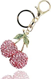 Rhinestone Cherry Keychain - Sparkling Crystal Fruit Cherry Leaves Keyring for Bag Purse Car Cellphone Accessories