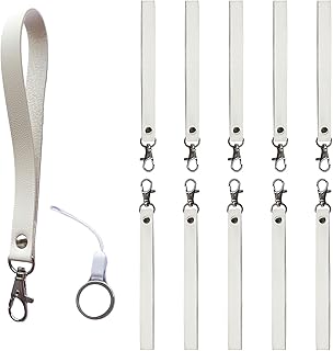 Wrist Lanyard, 10 PCS Sublimation Blank White PU Leather Wristlet Keychain, Personalized DIY Wrist Strap Bracelet for Key Chain Car Keys ID Badges Card Wallet Phone Case, White