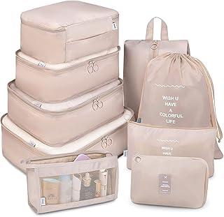 Packing Cubes for Travel, 9 Set Luggage Organizers with Shoe Bag, Electronics Bag, Cosmetics Bag, Compression Cells, Accessories Bags Made With Wearable Waterproof Fabric (9 PCS - Beige)