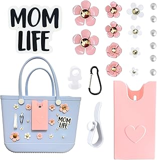 Bogg Bag Charms Pearl Flower Charms Hooks Set for Bogg Bag Accessories, Momlife Bag Charms for Beach Tote Bag, Rubber Beach Totes Accessories