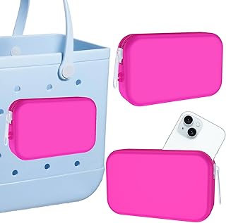 Phone Holder Pouch for Bogg Bag Accessories, Soft Silicone Insert Wallet Charm Beach Bags Device Holder, Silicone Rubber Pouch for Bogg Beach Tote Bag Pocket for Cards, Keys, Earphone, Hot Pink